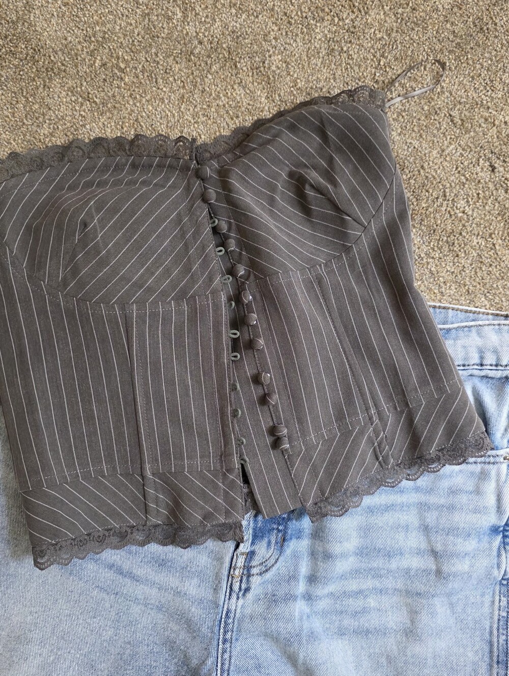 Edikted Corset Top Strapless Grey Pinstripe Lace Small
